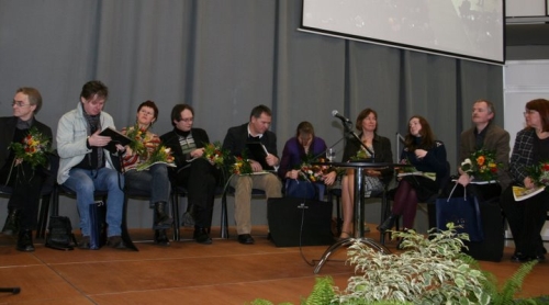 Visi atvykę rašytojai: Regimantas Tamošaitis, Kęstutis Navakas, Danutė Kalinauskaitė, Andrius Jakučiūnas, Rimtautas Rimšas, Edita Milaševičiūtė, Laima Vincė, Urtė Uliūnė, Kęstutis Kasparavičius, Gintarė Adomaitytė. Nuotr. Astos Plechavičiūtės