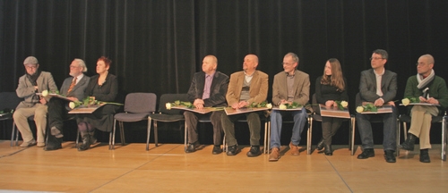 Į renginį atvykę autoriai. Iš kairės į dešinę: R. Rastauskas, M. Martinaitis, G. Radvilavičiūtė, V. Račickas, R. Černiauskas, K. Kasparavičius, U. Uliūnė, R. Misiūnas, V. Papievis. Nuotrauka Astos Plechavičiūtės